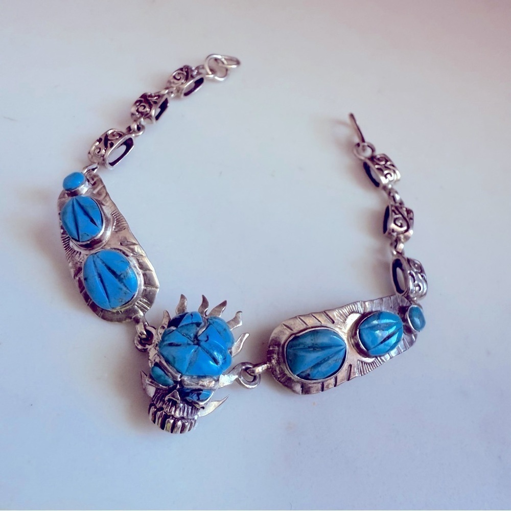 NWOT Unisex Handmade Sterling Silver and Genuine Turquoise Skull Bracelet